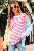 Esther Striped Patchwork Dolman Sleeve Slit Sweater