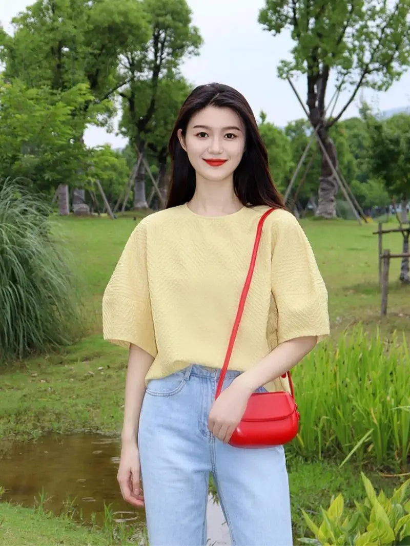 Elegant Pretty Blouse Tender Style Sweet Short Sleeves Exquisite Top High Grade Yellow Round Neck Shirt Women Summer