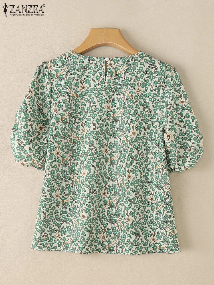 2025 Summer Floral Print Blouses ZANZEA Women Bohemain Shirts O-Neck Short Puff Sleeve Work Blusas Stylish Casual Holiday Tops