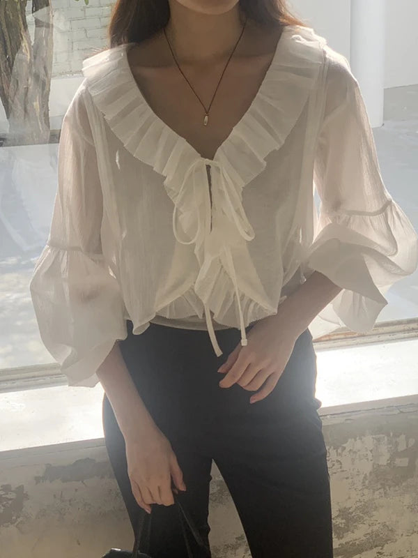 Loose Women's irt V-Ne Ties Long Sve Faionable Anti-Uv Lace Trim Super Fairy White Summer Commute Sle Pure Color