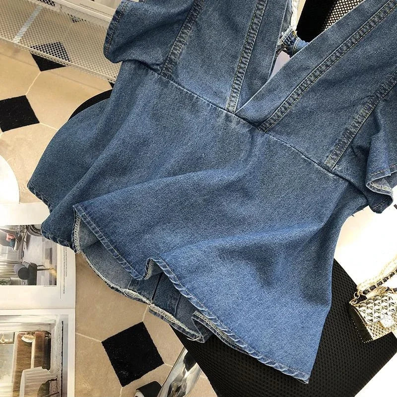 French Chic Y2k Vest Shirts V Neck Sleeveless Ruffles Backless Lace Up Denim Blouses Summer 2000s Harajuku Design Girl Clothing