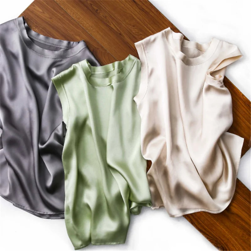 Summer blusas elegantes shirt Korean Women Fashion Satin Tank Summer Office Lady ice Silk Tops