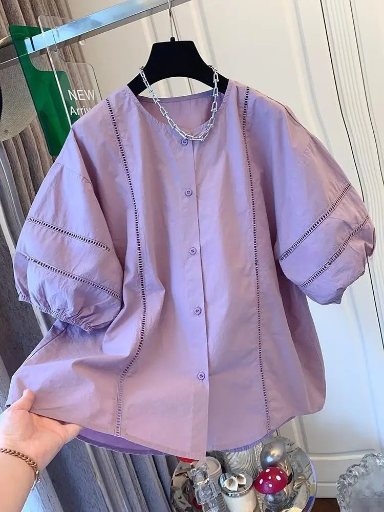 2025 Summer New Sweet Round Neck Solid Color Short-Sleeved Shirt Women Temperament Stitching Design Shirt Chic Top