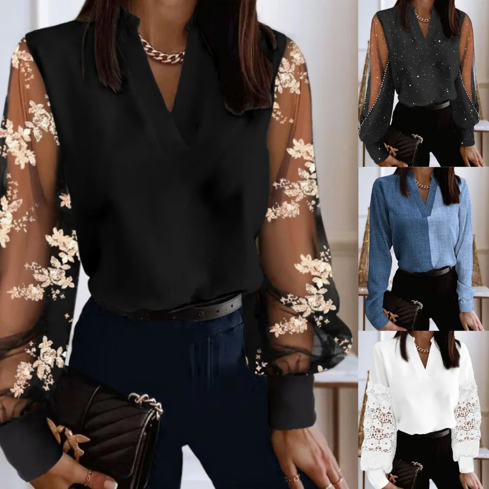 Sexy V Neck Long Lantern Sleeve Hollow Out Lace Floral Embroidery Loose OL Workwear Blouse Shirts SZE-ST23362