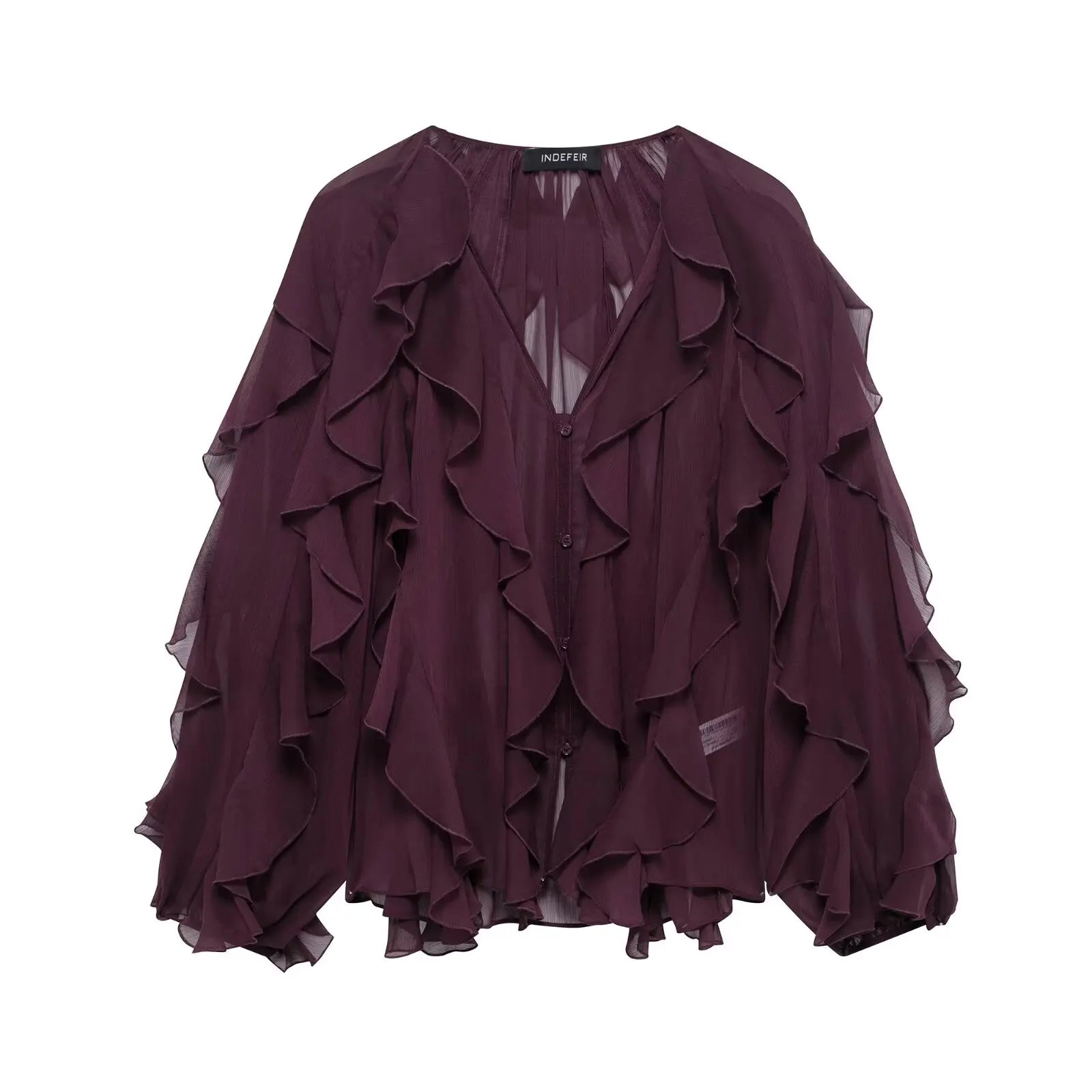 HH 2025 Spring Women Elegant V-Neck Blouse Single-Breasted Women Long Sleeves Laminated Decorative Solid 2-color Shirt