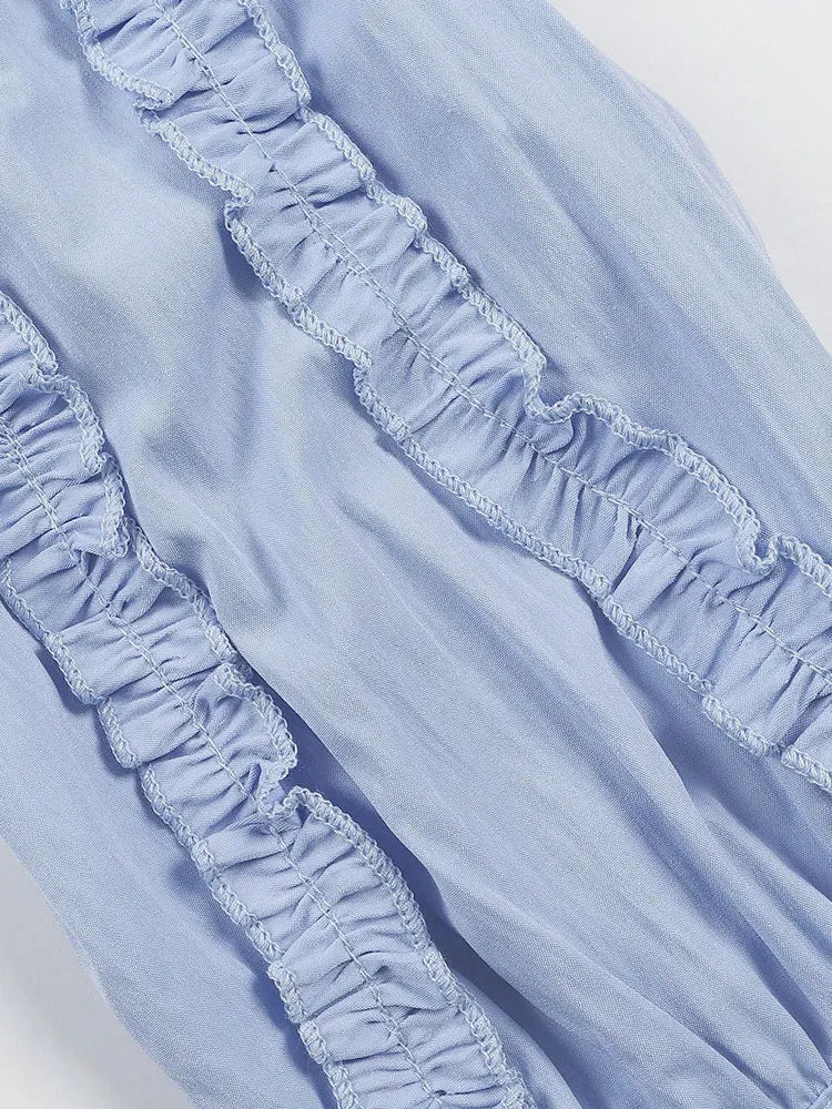 New Elegant Blue Lace trim on Sleeve Button Shirt Loose Long Sleeve Blouses Korean Popular Women's Clothes Large Size Top Autumn