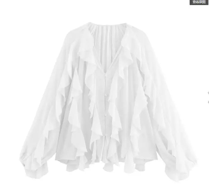 HH 2025 Spring Women Elegant V-Neck Blouse Single-Breasted Women Long Sleeves Laminated Decorative Solid 2-color Shirt