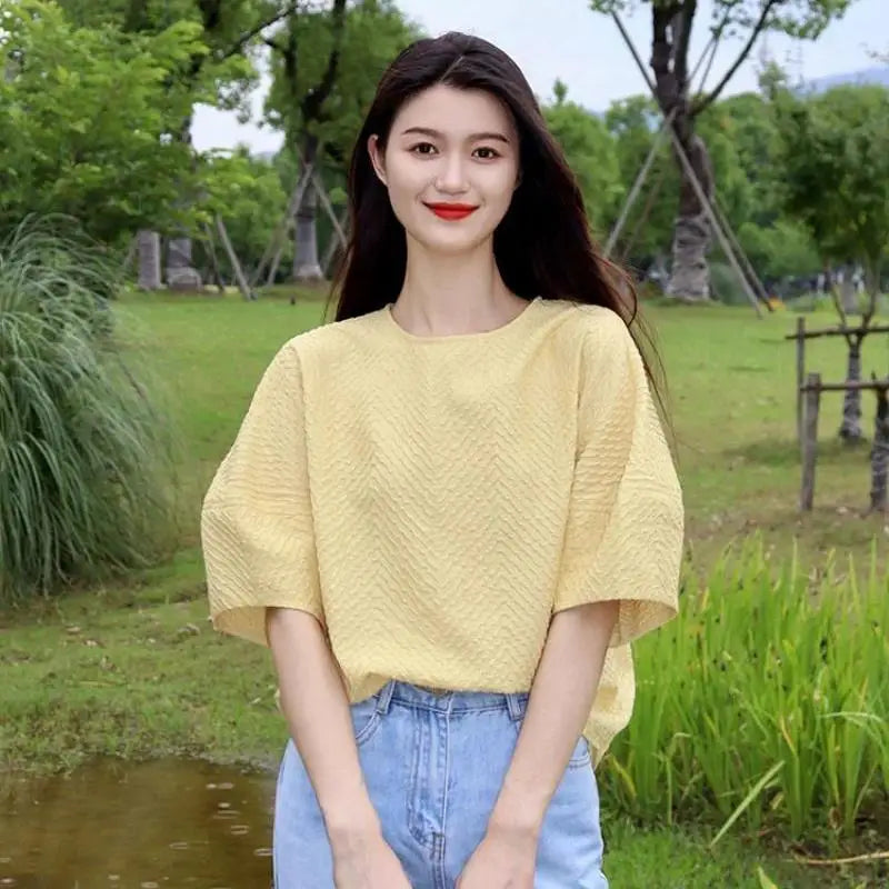 Elegant Pretty Blouse Tender Style Sweet Short Sleeves Exquisite Top High Grade Yellow Round Neck Shirt Women Summer
