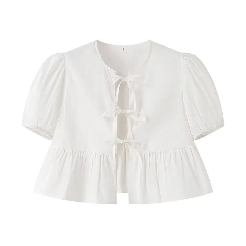 MUJER Ruffle Blouses Woman Puff Sleeve Shirts and Blouses for Women White Black Ruched Crop Top Female Ruched Women's Blouse