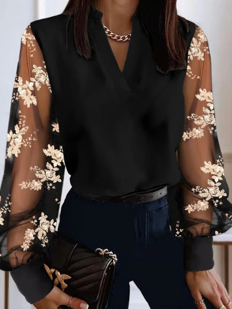 Sexy V Neck Long Lantern Sleeve Hollow Out Lace Floral Embroidery Loose OL Workwear Blouse Shirts SZE-ST23362