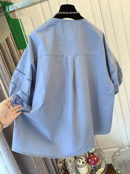 2025 Summer New Sweet Round Neck Solid Color Short-Sleeved Shirt Women Temperament Stitching Design Shirt Chic Top