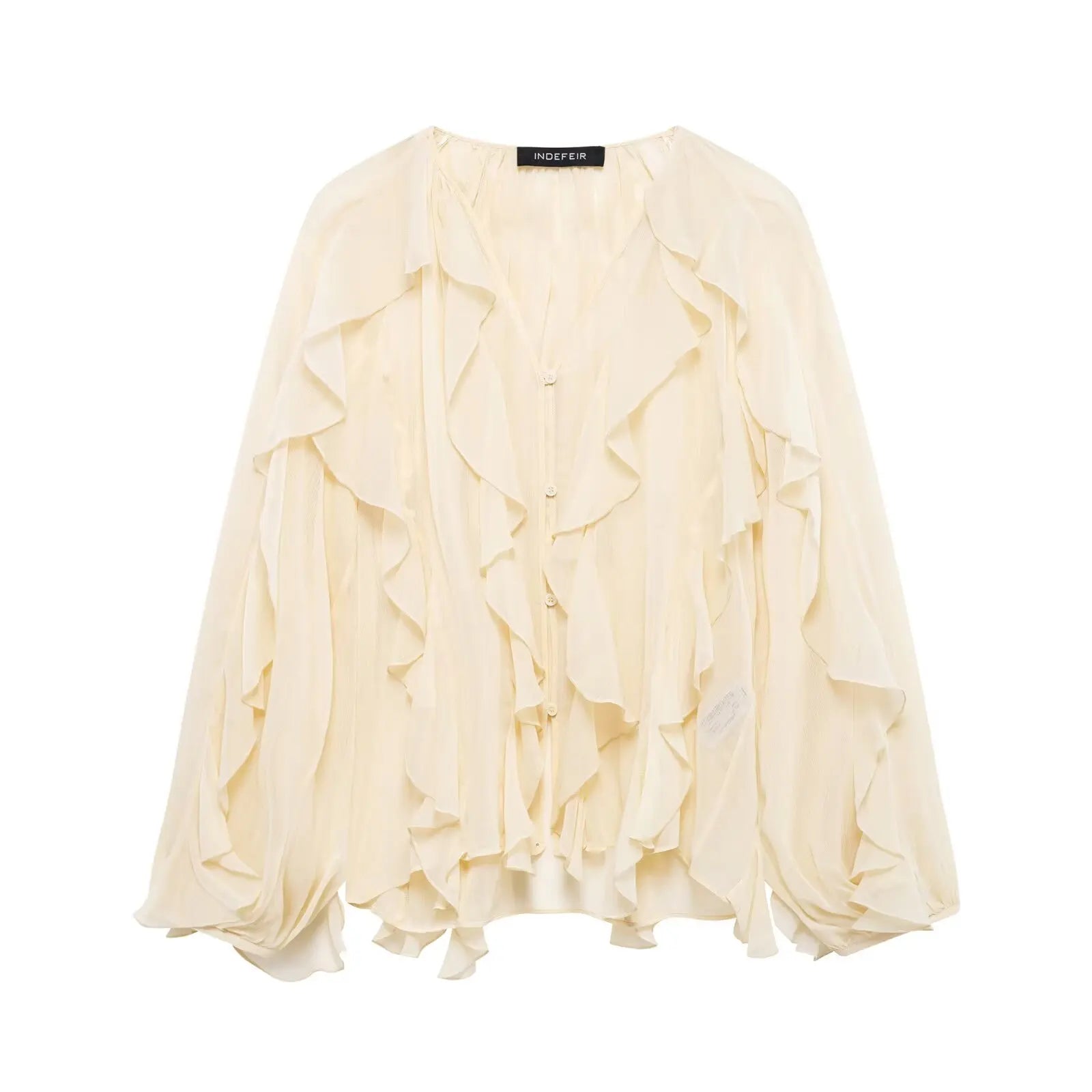 HH 2025 Spring Women Elegant V-Neck Blouse Single-Breasted Women Long Sleeves Laminated Decorative Solid 2-color Shirt