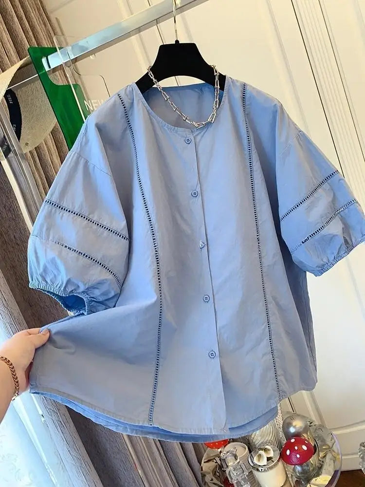 2025 Summer New Sweet Round Neck Solid Color Short-Sleeved Shirt Women Temperament Stitching Design Shirt Chic Top