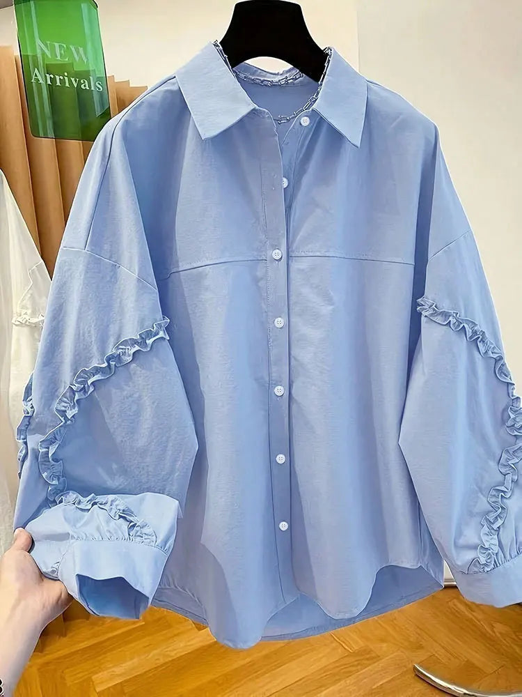 New Elegant Blue Lace trim on Sleeve Button Shirt Loose Long Sleeve Blouses Korean Popular Women's Clothes Large Size Top Autumn
