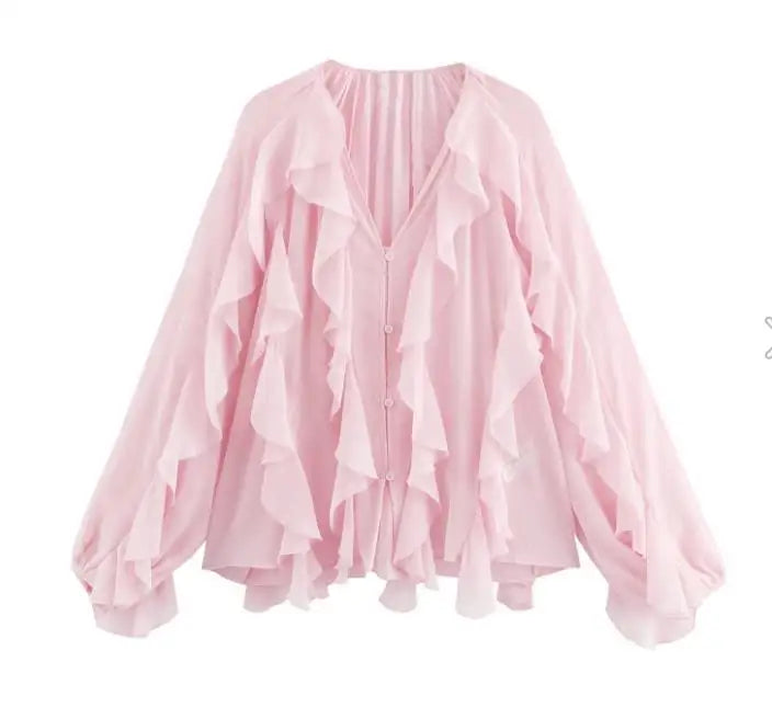 HH 2025 Spring Women Elegant V-Neck Blouse Single-Breasted Women Long Sleeves Laminated Decorative Solid 2-color Shirt