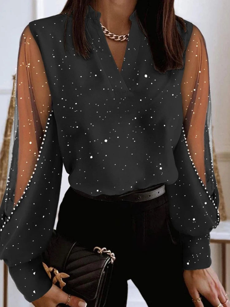 Sexy V Neck Long Lantern Sleeve Hollow Out Lace Floral Embroidery Loose OL Workwear Blouse Shirts SZE-ST23362