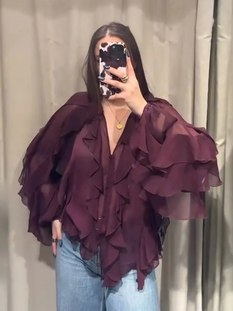 HH 2025 Spring Women Elegant V-Neck Blouse Single-Breasted Women Long Sleeves Laminated Decorative Solid 2-color Shirt
