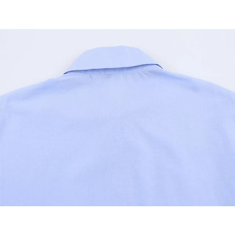 YENKYE Spring 2025 Women Hollow Out Embroidery Blue Shirt Front Button Lapel Collar Loose Blouse Streetwear Blusas Mujer